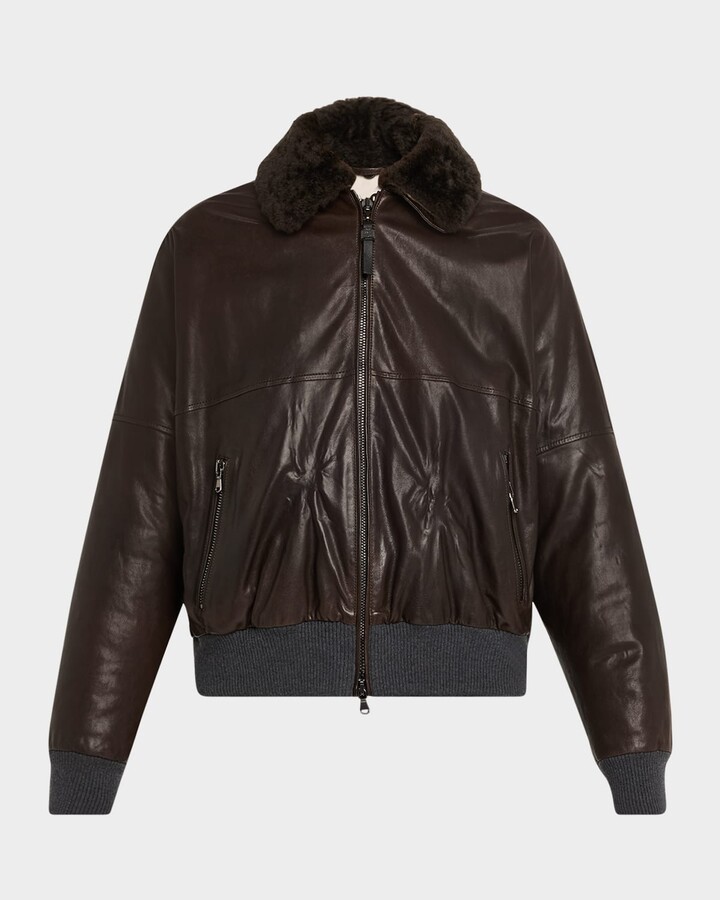 Brunello Cucinelli Leather Biker Jacket with Removable Shearling Collar