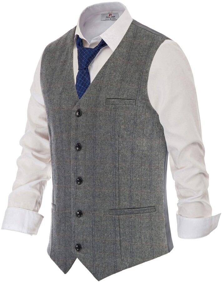 Pj Paul Jones Men's Western Herringbone Tweed Suit Vest Wool Blend Slim ...