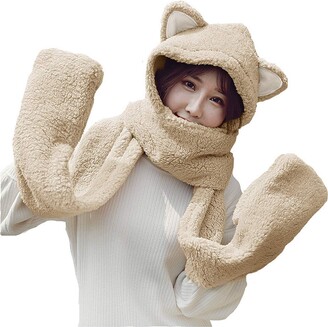 YLucky Ladies Girls Fluffy Warm Hat Scarf Gloves 3 in 1 set Full Hoodie Cap  Hat with Mitten Pocket - ShopStyle
