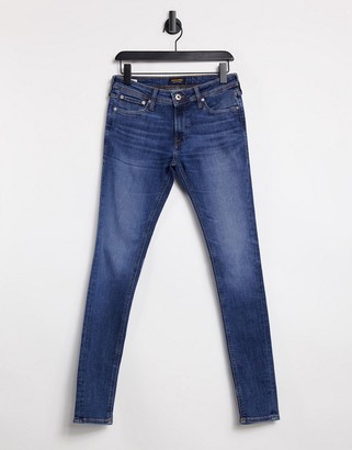 Jack and Jones Intelligence Tom spray on jeans in mid blue - ShopStyle
