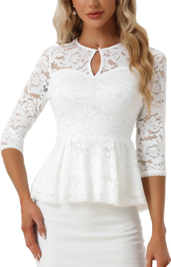 Unique Bargains Women’s Lace Keyhole Front Sheer 3/4 Sleeve Peplum Blouse Top White L