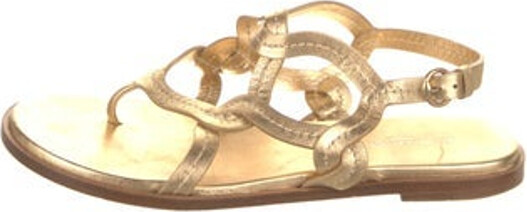 Gianvito Rossi Leather Sandals Gold Colorblock Pattern Buckle Closure at Ankles Unfortunately due to restrictions this item may not be eligible for shipping in all areas.