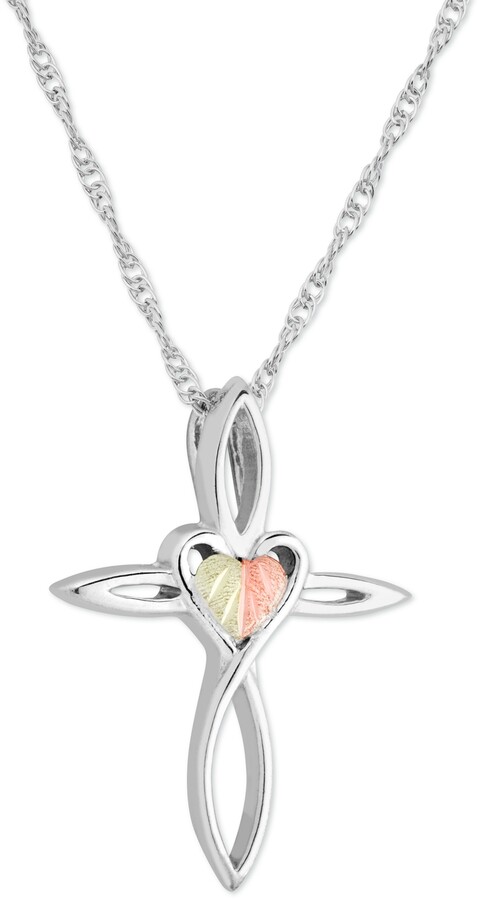 Black Hills Gold Cross Pendant 18" Necklace in Sterling Silver with 12K Rose and Green Gold Details