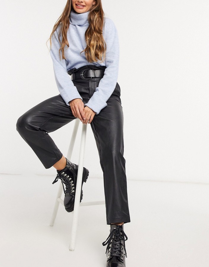 Stradivarius faux leather paperbag trousers in black - ShopStyle