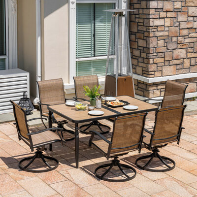 NUU GARDEN Patio Textilene Dining Table Set Of 7 With Umbrella Hole And Swivel Chairs