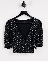 Thumbnail for your product : Monki Ulla cotton printed frill edge short sleeve wrap top in black - MULTI
