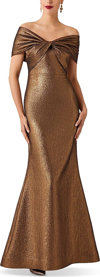 Teri Jon by Rickie Freeman Off Shoulder Twist Metallic Jacquard Gown
