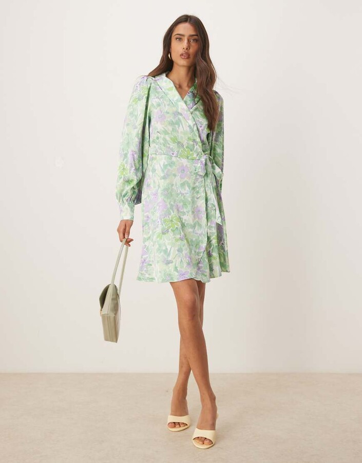 Vila satin wrap mini dress in summer green floral print