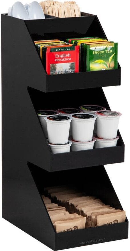 3-Tier, 5-Compartment Coffee Tea Utensil and Condiment Countertop Organizer, 6 in. L x 9 in. W x 16 in. H, Black
