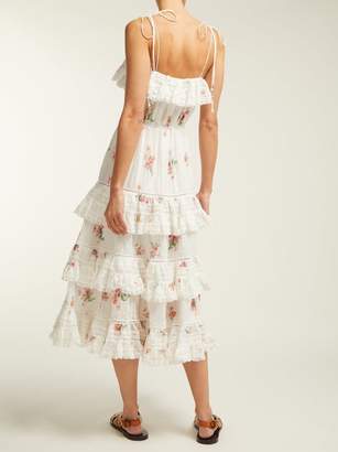 Zimmermann Heathers Floral Print Tiered Cotton Midi Dress - Womens - White Multi