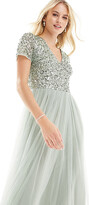 Thumbnail for your product : Maya Tall Bridesmaid short sleeve maxi tulle dress with tonal delicate sequins in sage green