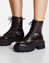 Thumbnail for your product : Truffle Collection faux leather square toe chunky lace up boots in brown croc