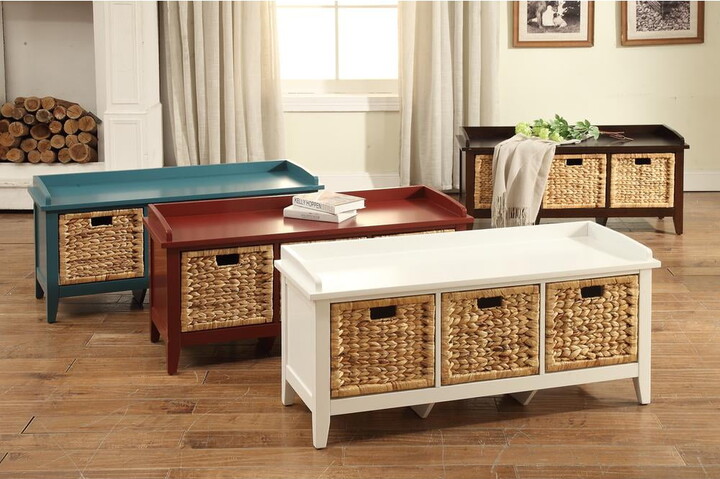 Rectangular Wooden Bench with Storage Basket White - Saltoro Sherpi