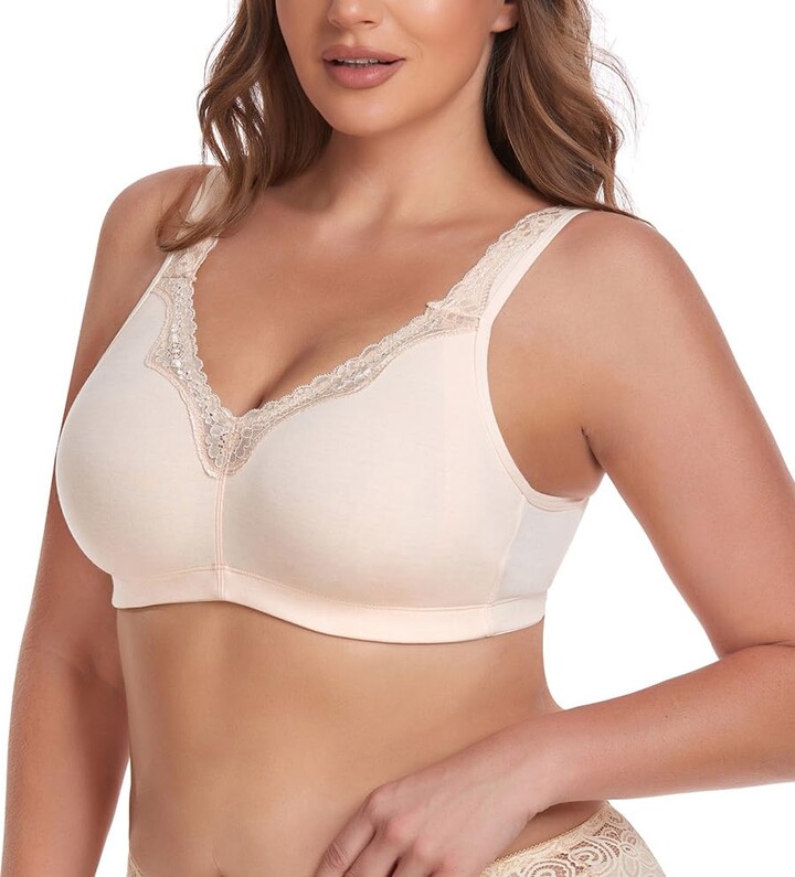 Ayigedu Women's Plus Size Soft Cotton Bra Lace Full Coverage Wirefree  Non-Padded Bras 48DD Beige - ShopStyle