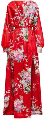 PrettyLittleThing Red Printed Satin Long Sleeve Kimono Maxi Dress