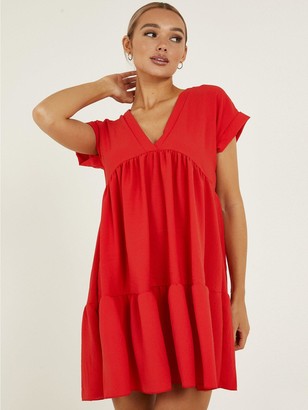 Quiz V-Neck Short Sleeve Tiered Smock Dress - Red