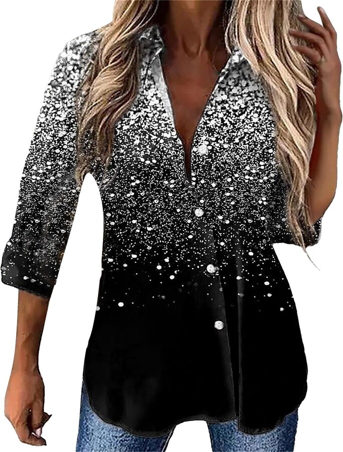 Sparkly Going Out Shirts Iuyhau Womens Sequin Tops V Neck 3/4