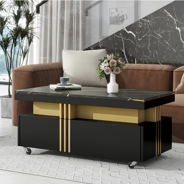 GulchesModernLuxuryFauxMarbleCoffeeTableBlackRectangleCocktailTablewith2StorageDrawers&CasterWheelsGoldMetalBarsCenterTable