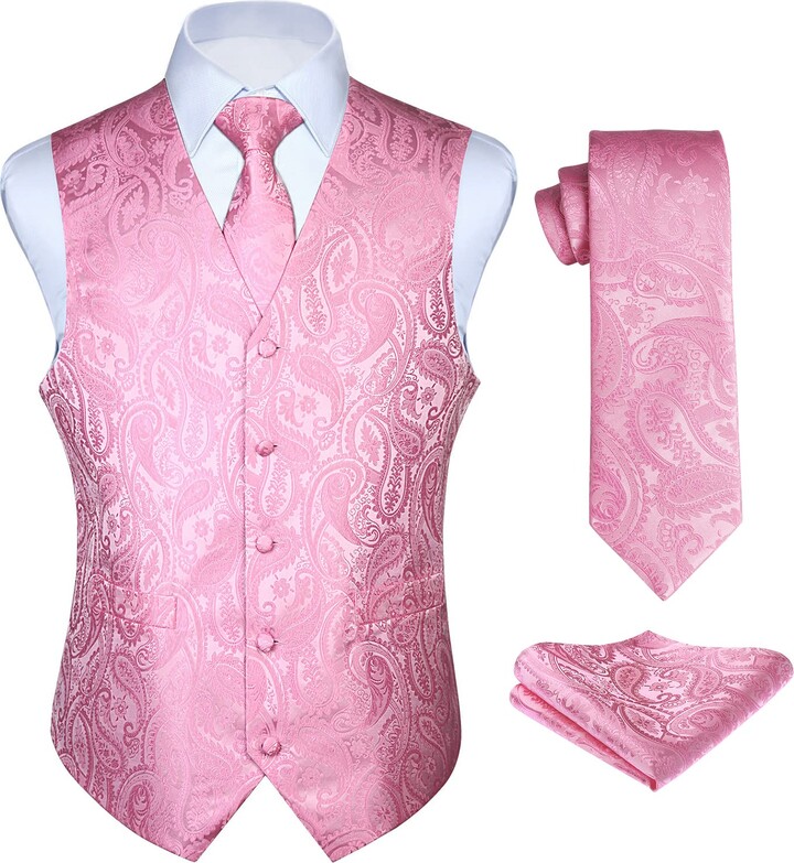 Enlision Pink Waistcoats for Men Wedding Paisley Waistcoat and Tie