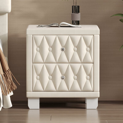 Mercer41 Elegant Velvet Nightstand With 2 Drawers And Crystal Handle, Storage Bedside Table With Button-Tufted, Black