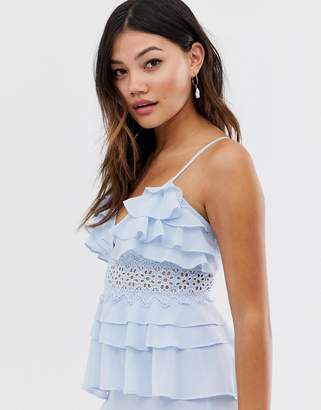True Decadence premium frill layered cami maxi dress with lace insert in soft blue