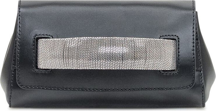 Orciani Black Leather Clutch Bag With Silver Chain Detail