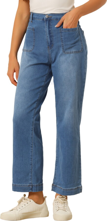 DARING DIVA Women’s Wide High Waisted Stretchy Jeans Buttoned Denim Pants L Blue