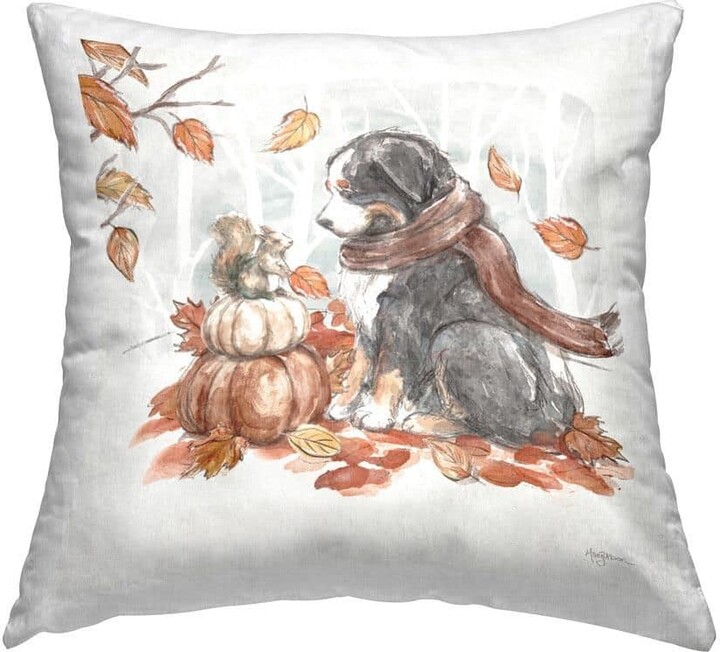 Dog and Fall Pumpkins Multi-Colored Print Polyester 18 in. x 18 in. Throw Pillow