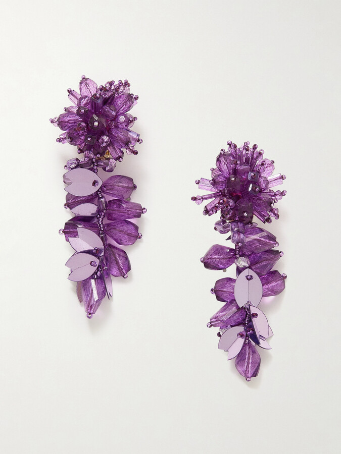 Oscar de la Renta Beaded Gold-tone Clip Earrings - Purple