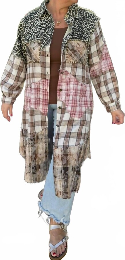 POL Mix Long Line Duster Jacket In Leopard & Plaid