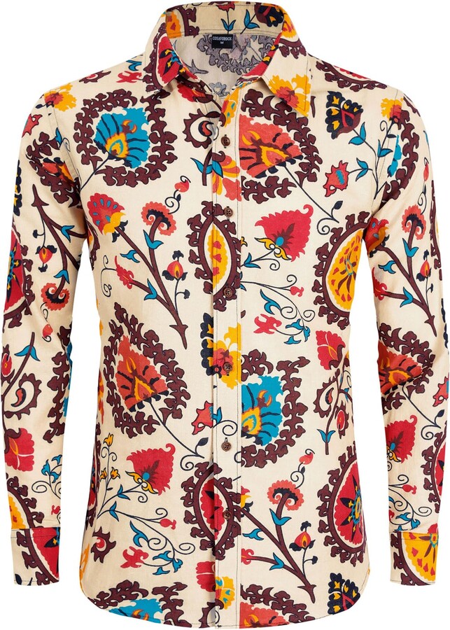 COSAVOROCK Mens 70s Shirt Hippie Fancy Dress Funky Floral Shirt M ...