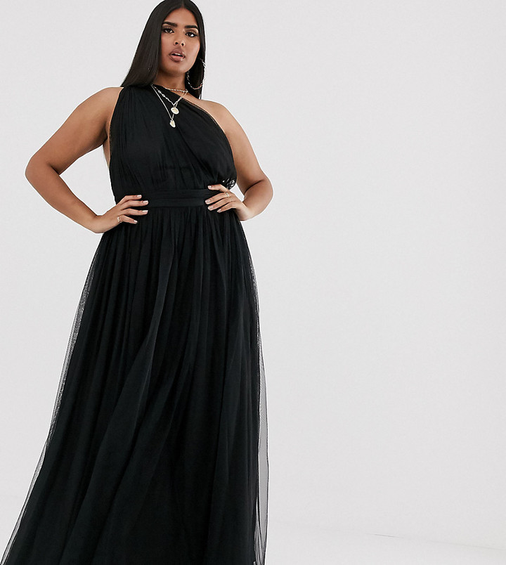 one shoulder tulle maxi dress