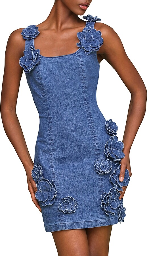 Avec Les Filles Floral Applique Denim Mini Dress