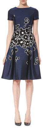 Carolina Herrera Short-Sleeve Floral-Embroidered Dress, Dark Navy/Black