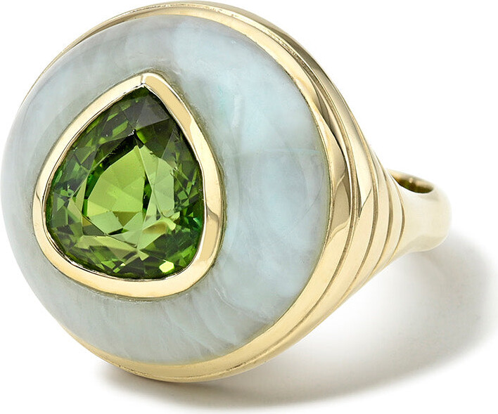 Retrouvaí Green Tourmaline Pear in Peruvian Opal Petite Lollipop Yellow Gold Ring