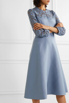 Thumbnail for your product : Valentino Guipure Lace-trimmed Wool And Silk-blend Crepe Midi Dress - Blue