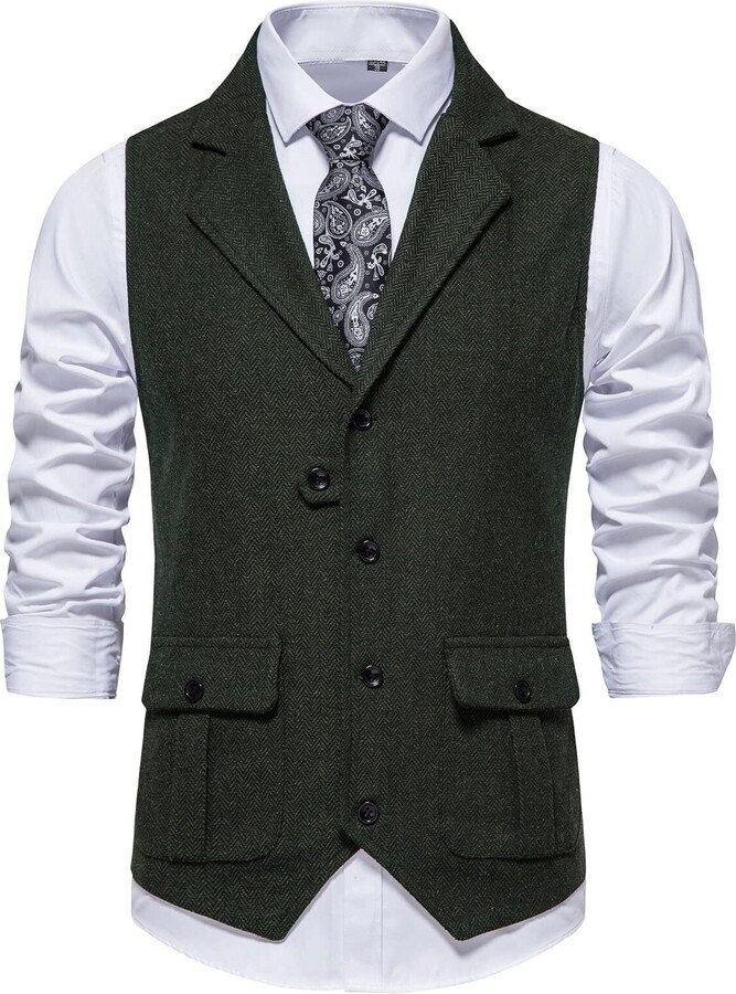 FEOYA Men's Waistcoat Wool Herringbone Tweed Tailored Collar Suit Vest
