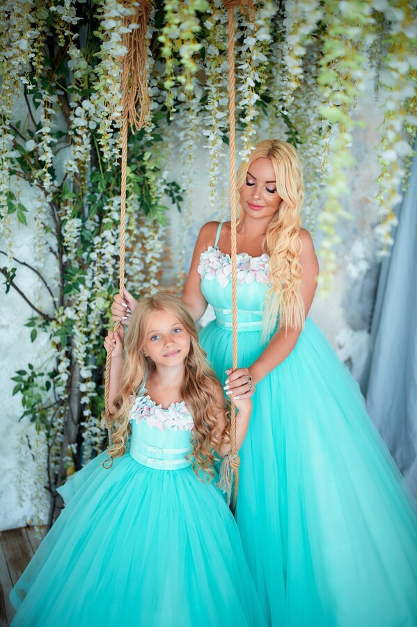 Turquoise Tulle Dresses, Mother Daughter Matching Dress, Mommy & Me Outfits, Dresses For Photo Shoot