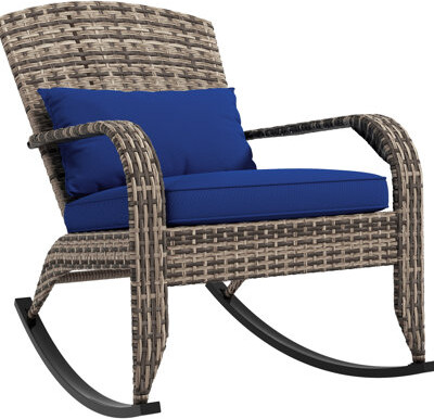 Dakota Fields Dark Blue Patio Rocker Chair High Back With Cozy Seat And Pillow For Garden Porch Balcony Rocking Breathable Cushion Pillow