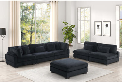 Orren Ellis Bentley Modern Style Modular Sofa Loveseat and Ottoman Set in Black Corduroy for Flexible and Comfortable Seating