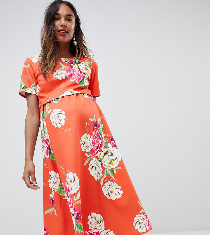 asos design double layer midi embroidered dress with long sleeves