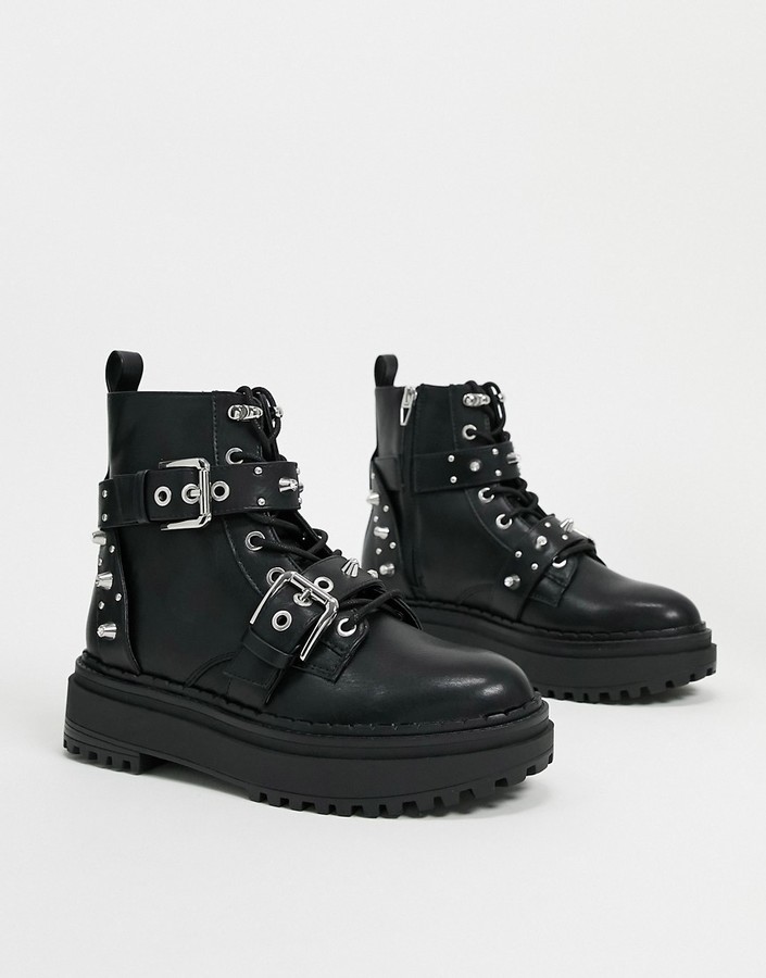 Bershka stud and buckle detail boots in black - ShopStyle