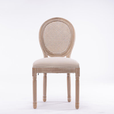 Mercer41 French Style Solid Wood Frame Linen Fabric Rattan Back Dining Chair,Set Of 2,Cream