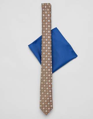 ASOS Design DESIGN slim wedding tie in mustard print with pocket square