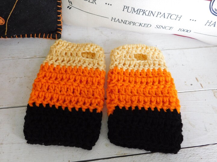 Candy Corn Fingerless Gloves, Wrist Warmers, Arm Warmers. Handmade Crochet Yellow, Orange, Black Mittens. Rustic Fall Accessories. Autumn