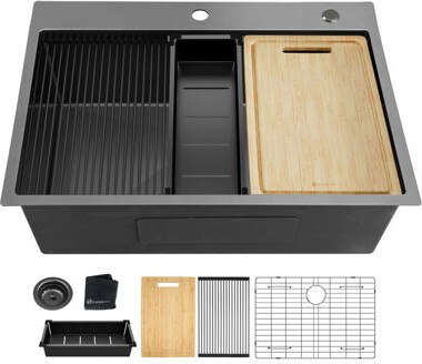 Wenty 32X22 Inch Topmount Gunmetal Black Workstation 18 Gauge Stainless Steel Single Bowl Kitchen Sink