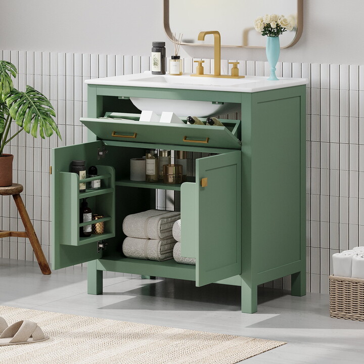 Euroco 30" Bathroom Vanity with Ceramic Sink – Solid Wood Frame, Flip-Out Drawer, U-Shaped Adjustable Shelf, and Soft-Close Doors