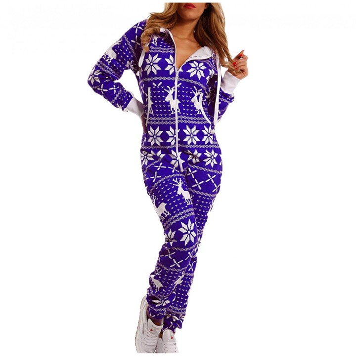 Womens Onesie Pajamas Jumpsuit Sleepwear Pattern Printing Butt Button Back Flap Pajamas V Neck Long Sleeve One Piece Bodycon for Women 
