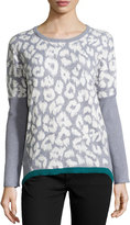 Thumbnail for your product : Neiman Marcus Leopard Jacquard Pullover Sweater, Gray/Ivory/Emerald
