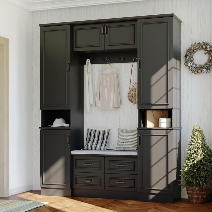 RBXC 78.7"H Hall Tree with 4 Double Coat Racks and Cushioned Bench, Modern Entryway Storage Organizer Cabinet with 6 Doors, 4 Drawer